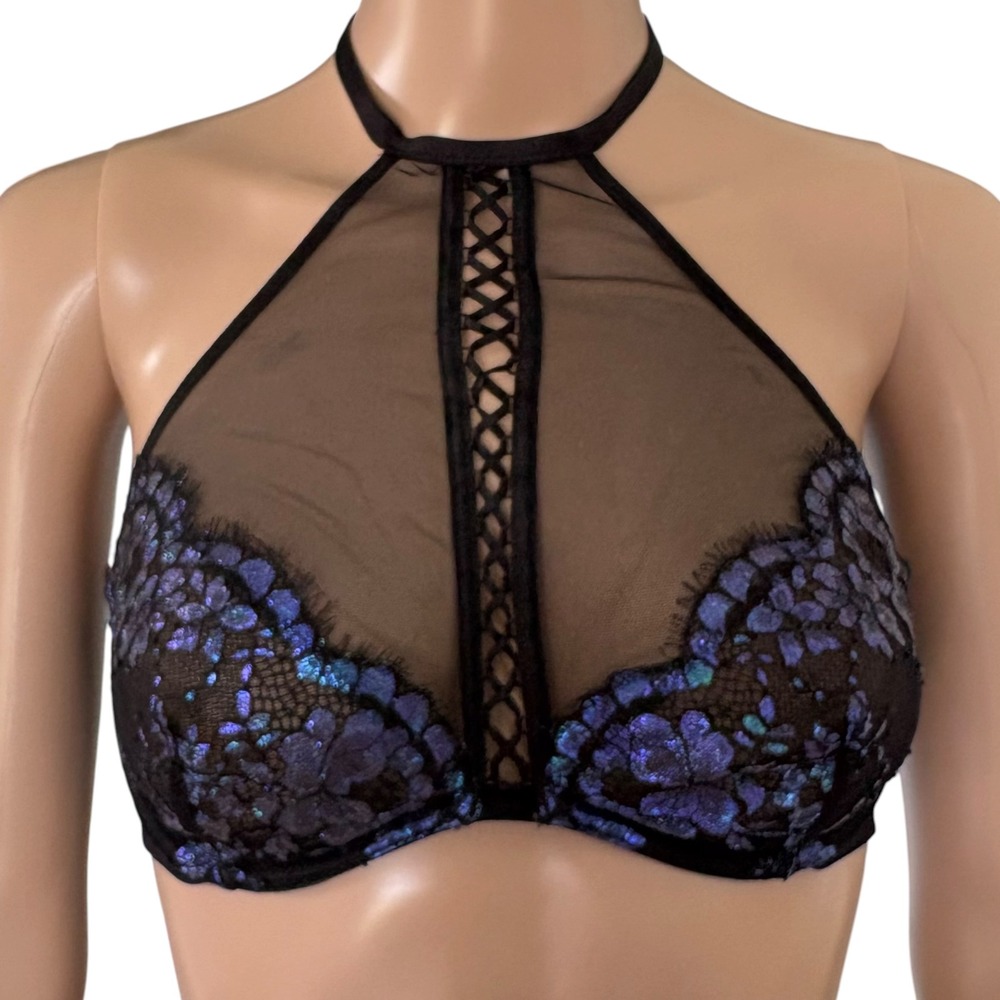 Victorias Secret Black Blue Iridescent Lace Halter Bralette Mesh Lace Up M NWT